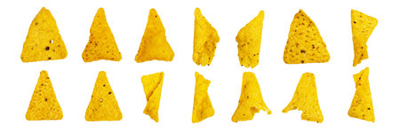 Set of nachos tortilla chips with different angles isolated over a white background. Food and snacks conceptの写真素材
