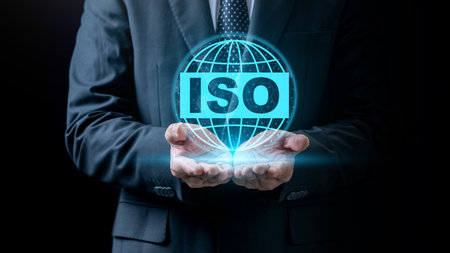 Businessman showing an icon of a globe with ISO text. Technology innovation on a virtual screen. Concept of ISO certification, global standards, and quality assuranceの写真素材