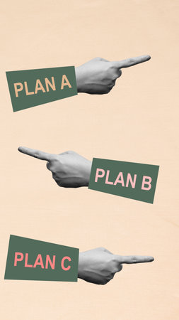 Human hand pointing to plan A, plan B, and plan C with a colored background. Concept of planning. Collage artの写真素材