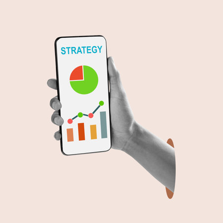 Human hand holding a cellphone with a strategy graph and chart on the screen. Concept of strategy planning. Collage artの写真素材