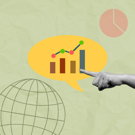 Human hand showing upward graph on the speech bubble with colored background. Concept of strategy planning. Collage artの写真素材