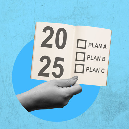 Human hand on the hole holding a paper with a list plan for 2025. Concept of planning. Collage artの写真素材