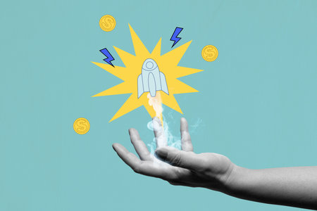Human hand showing a flying rocket with a colored background. Concept of taking action. Collage artの写真素材
