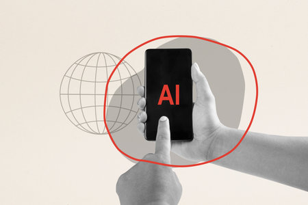 Human hand touches an AI sign on a cellphone screen with a colored background. Concept of Business AI or Artificial Intelligence Technology. Collage artの写真素材