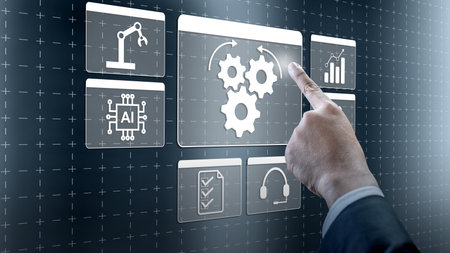 Businessman touching icon of gear. Technology innovation on a virtual screen. Concept of robotic...