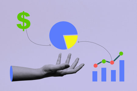 Human hand showing a pie chart with dollar currency and an upward graph on a colored background. Concept of Business Financial Planning. Collage artの写真素材