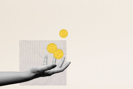 Human hand showing golden dollar coins with colored background. Concept of business financial planning. Collage artの写真素材