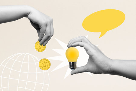 Human hand holding a lit light bulb and a dollar currency coin with a colored background. Concept of Business Financial Planning. Collage artの写真素材