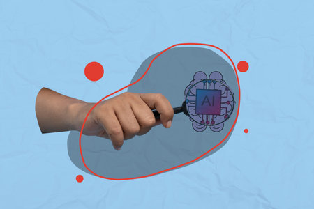 Human hand with a magnifying glass showing an AI chip on the brain with a colored background....