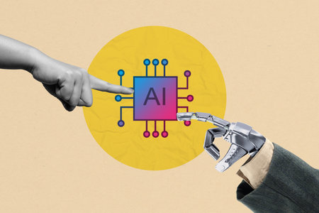 Human and robotic hands touching the AI chip on a colored background. Concept of Business AI or Artificial Intelligence Technology. Collage artの写真素材