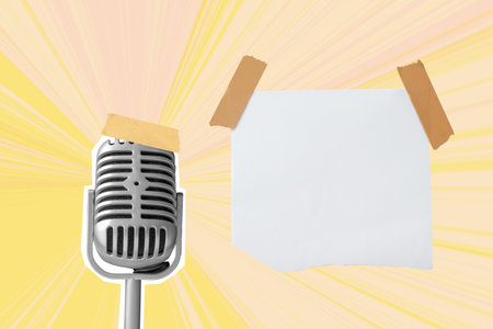 Vintage microphone with empty paper on a colored background. Copy space or mockup. Collage artの写真素材