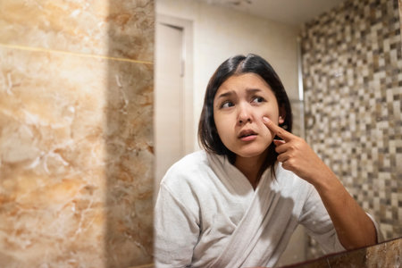 Indonesian southeast asian woman wrapped in a towel, looking at herself in the mirror while...