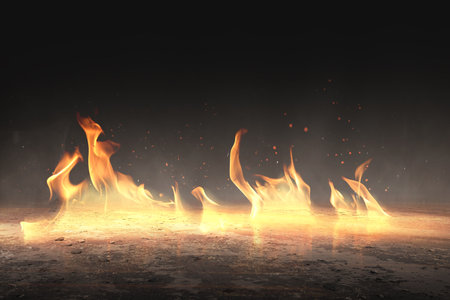 Burning fire on the warland. Inferno landscape, apocalyptic explosion illuminating barren, scorched land. Apocalyptic world war bomb blastの写真素材