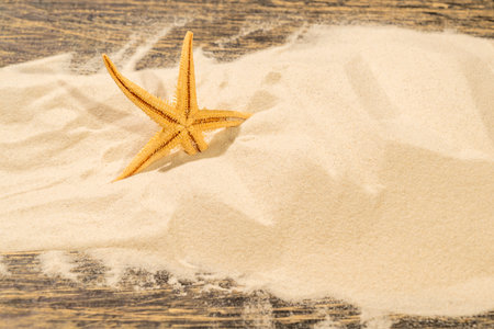 Starfish on the sand with a wooden background. Beach scene. Summer conceptの写真素材