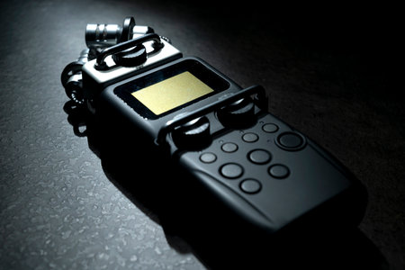 Handy recorder device on a black backgroundの写真素材