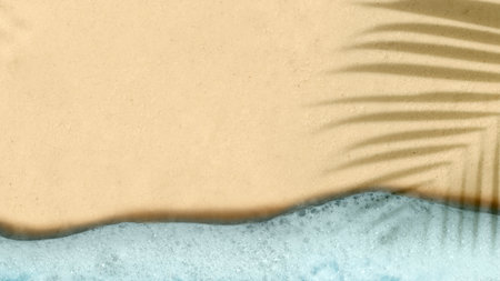 Aerial view of clean and transparent blue ocean waves with the shadow of a palm leaf on a beautiful sandy beach. Natural background. Summer conceptの写真素材