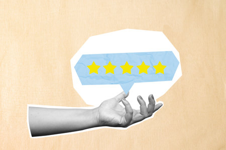Human hand showing a speech bubble with five star rating. Concept of positive review. Collage art