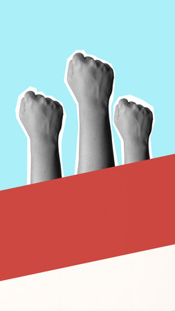 Human hand showing the Indonesian flag to celebrate Indonesia Independence Day. Collage art. Concept...
