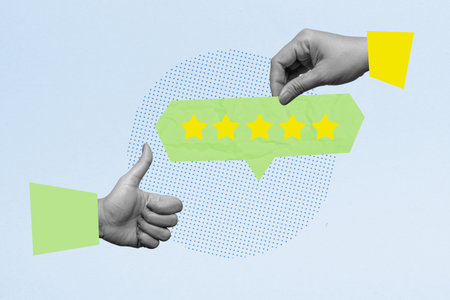 Human hand showing thumb up gesture and a speech bubble with five star rating. Concept of positive...