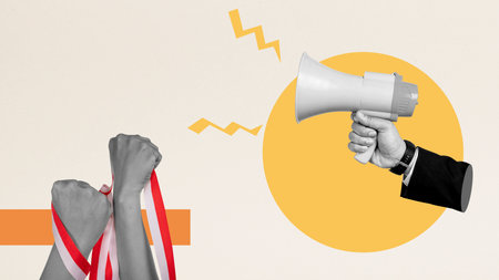 Human hand holding a megaphone and the Indonesian flag to celebrate Indonesia Independence Day. Collage art. Concept of Kemerdekaanの写真素材