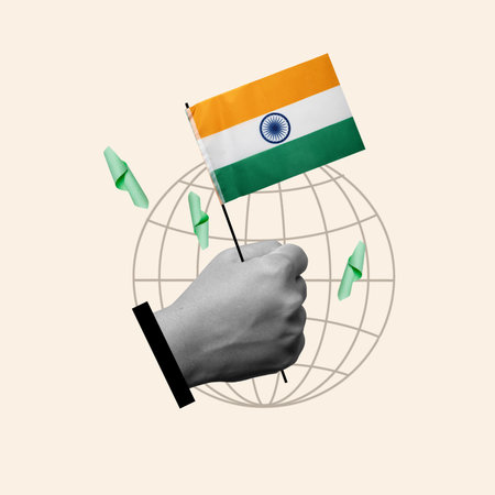 Human hand holding the Indian flag to celebrate India Independence Day. Collage artの写真素材