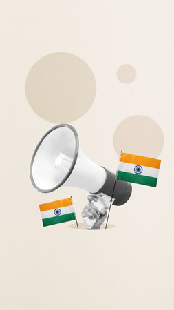 Human hand holding a megaphone and the Indian flag to celebrate India Independence Day. Collage art