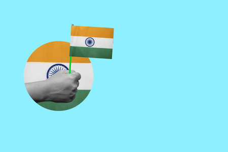 Human hand holding the Indian flag to celebrate India Independence Day. Collage artの写真素材