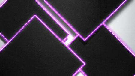 Geometric shapes with bright neon pink outlines against a dark background. Copy space. Modern abstract or textured backgroundの写真素材