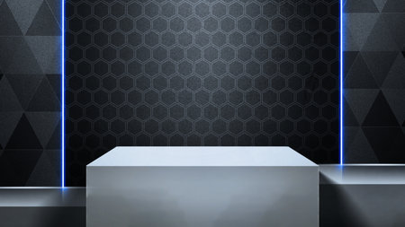 Minimalist stage or podium display with black hexagon and triangle pattern background. Product presentation, mockup, copy space, and templateの写真素材