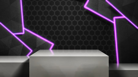 Minimalist stage or podium display with pink light and black hexagon pattern background. Product presentation, mockup, copy space, and templateの写真素材