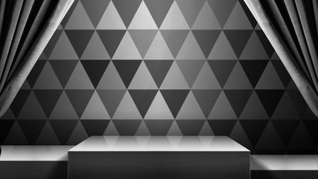 Minimalist stage display interior with a podium and fabric curtain in a seamless triangle pattern background. Product presentation, mockup, copy space, and templateの写真素材