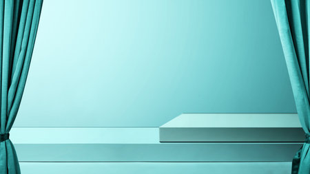 Minimalist stage display interior with a podium and fabric curtain in a turquoise background. Product presentation, mockup, copy space, and templateの写真素材