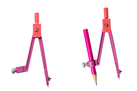 Set of pink compass divider with a pencil attachment isolated over a white background. Used for precise drawing, geometry, and educational purposes. Concept of stationeryの写真素材