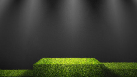 Green bush stage or podium display with a black background. Product presentation, mockup, copy space, and templateの写真素材