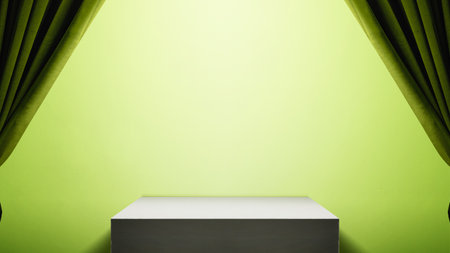 Minimalist stage display interior with a podium and fabric curtain in a green background. Product presentation, mockup, copy space, and templateの写真素材