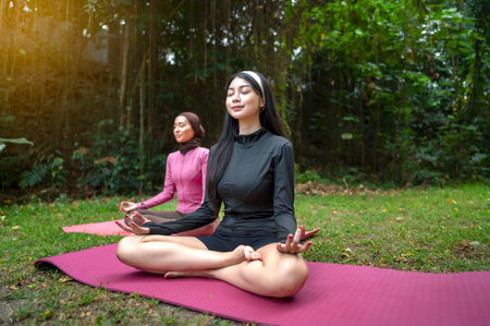 Indonesian southeast asian women in a sporty outfit relaxing and meditating zen-like on a fitness mat in a public park outdoors. Concept of a Healthy active lifestyleの写真素材