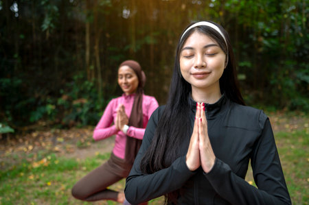 Indonesian southeast asian women in a sporty outfit practice yoga in a public park outdoors. Concept of a Healthy active lifestyleの写真素材