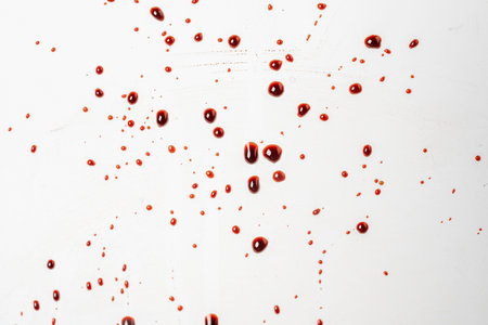 Splatters of blood drops, blood splashes, or blood spots on a white background. Concept of Halloweenの写真素材