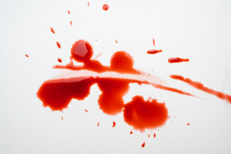 Splatters of blood drops, blood splashes, or blood spots on a white background. Concept of Halloweenの写真素材
