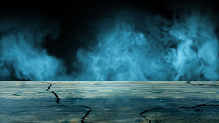 Outdoor view with a black background with smoke and steam. Thick, dark, and rising from the ground. Dramatic smoke or fog effect. Mockup. Copy Space. Wallpaper or Halloween backgroundの写真素材