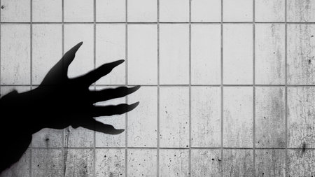 Shade of werewolf hands with claws on a tile wall background. The hand is reaching out, and the shadow is dark. Scary claw of a werewolf, wolfman, or animal monster. Concept of Spooky Halloweenの写真素材