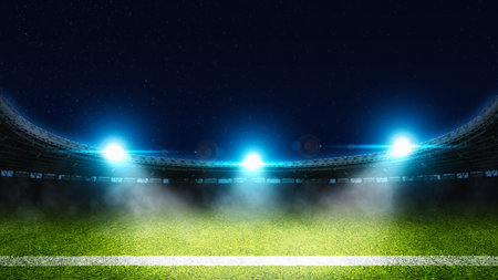Empty football stadium with a green field and spotlights. The field is ready for a game. Concept of professional sport, competition, championship, and match. Soccer stadium field backgroundの写真素材