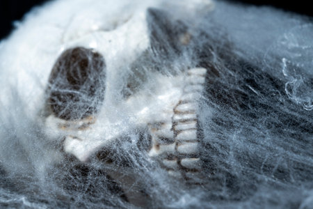 Human skull head covered with spiderwebs. The human skull, devil, evil, or zombie head. Scene of a dark and scary. Halloween conceptの写真素材