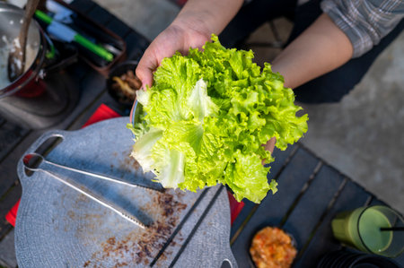 Woman holding a plate of vibrant and fresh green lettuce being prepared for a delicious meal. The scene of the lifestyle of enjoying food in a natural settingの写真素材
