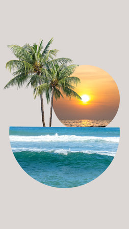Palm tree with ocean wave and sunset or sunrise scene background view. Collage art of Summerの写真素材
