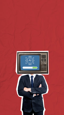 Businessperson with a television head with an AI symbol on the screen with a colored background. Collage art of Generative Artificial Intelligenceの写真素材
