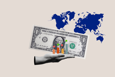 Human hand holding a dollar banknote with a graph line and bar with a world map on a colored...