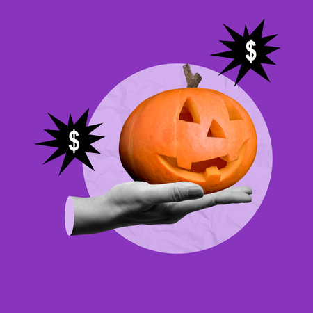 Human hand holding a Jack-o'-Lantern or Halloween pumpkin with a sale sign on a colored background. Collage art of Halloween saleの写真素材