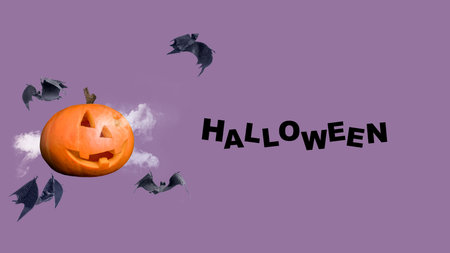 Jack-o'-Lantern or Halloween pumpkin with flying bats on a colored background. Collage art of Halloweenの写真素材