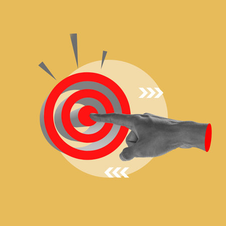 Human hand pushes the dartboard button on a colored background. Collage art of Business Target